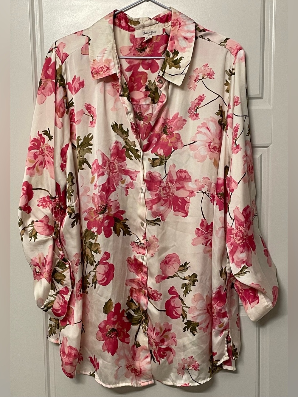 Lightweight Pink Floral Faux Satin Button-Down Blouse